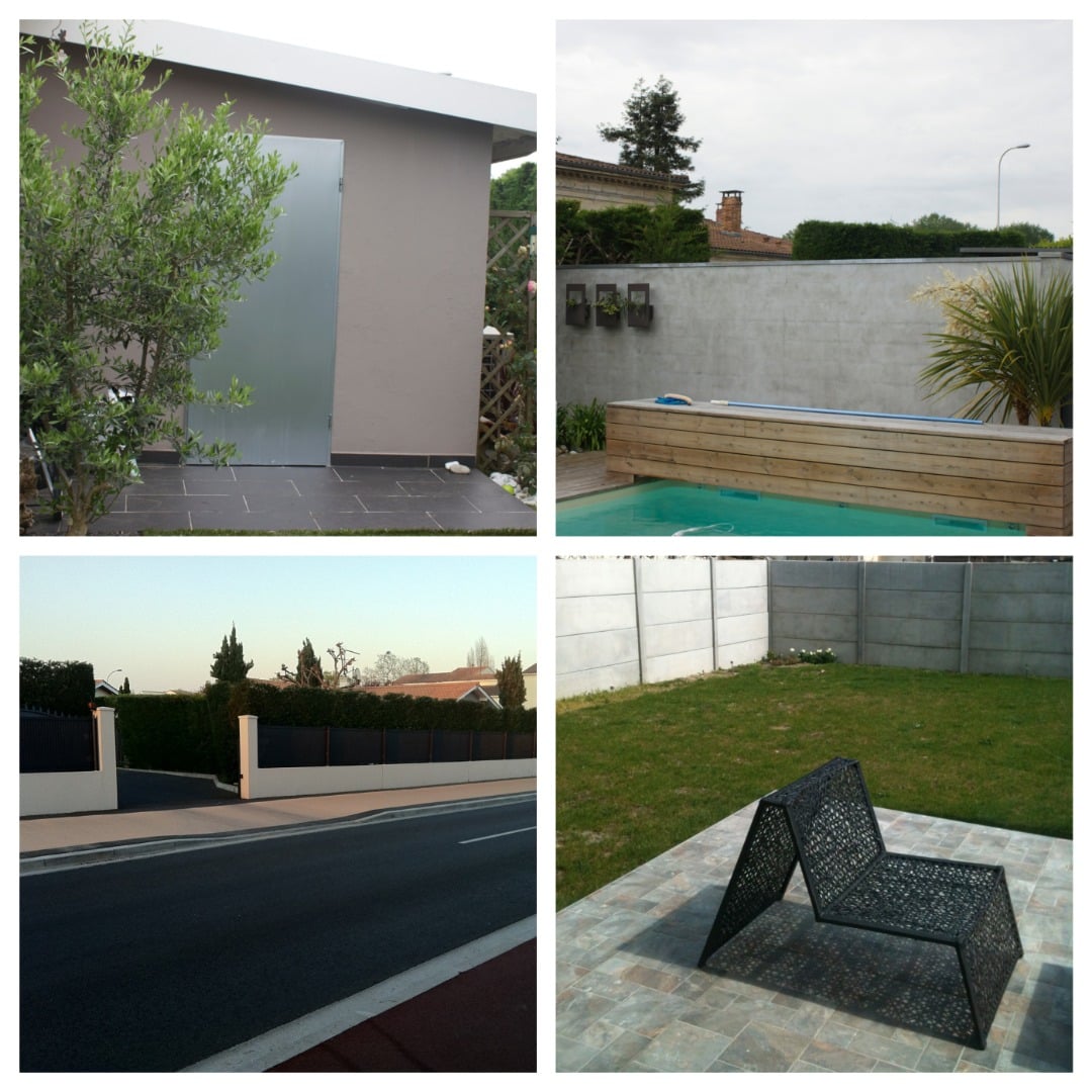 Quatre vues d'aménagements extérieurs : abri jardin, piscine avec terrasse bois, clôture moderne et fauteuil design sur patio.