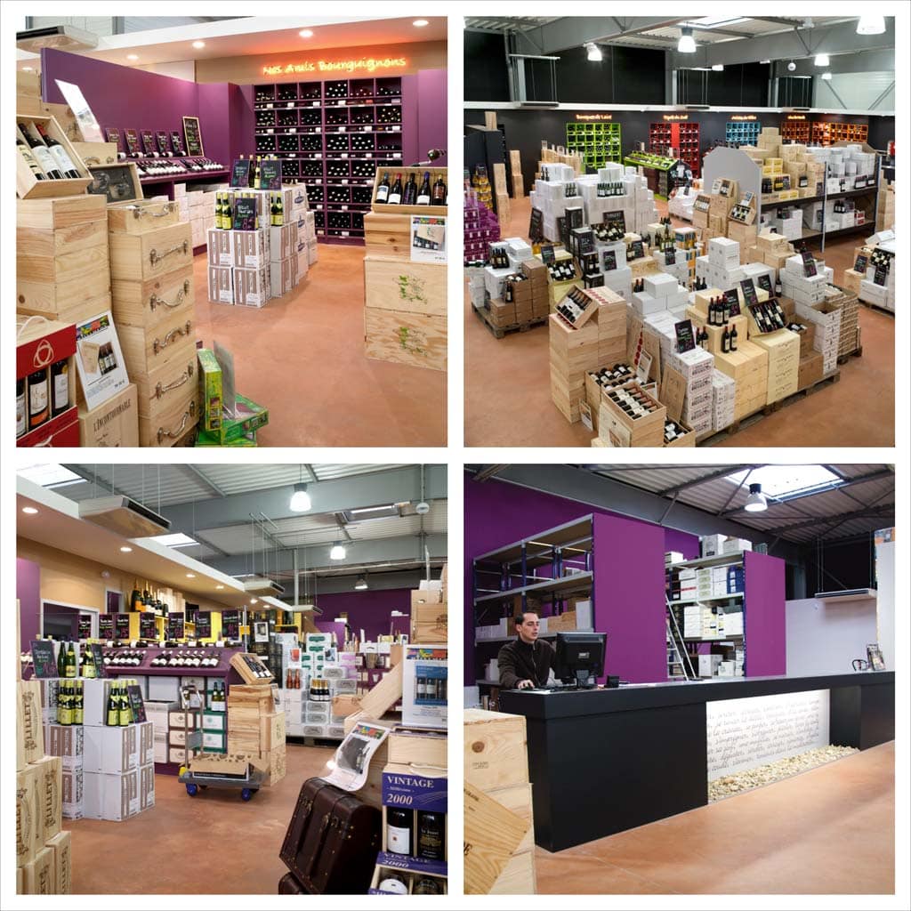 Quatre vues d'un magasin de vin avec caisses en bois, présentoirs, rayonnages, et un employé à la caisse devant le texte "Nos Amis Bourguignons".