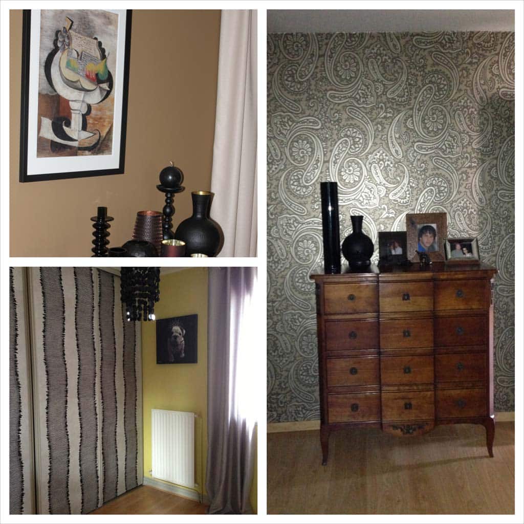 Collage intérieur déco salon : papier peint cachemire, rayures noires, meubles bois sombre, vases noirs et tableau cubiste.