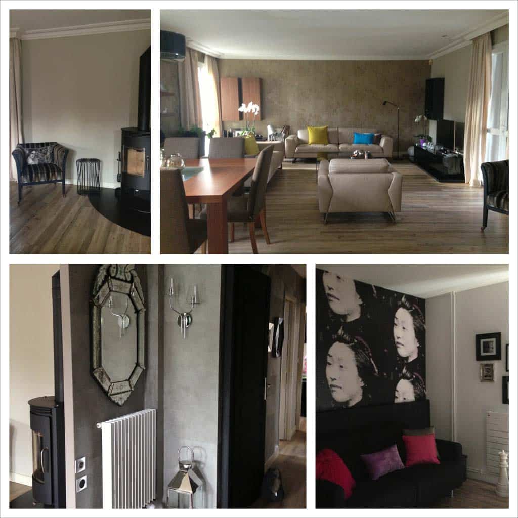 Collage de vues intérieures modernes : salon contemporain avec poêle, salle à manger, coin nuit noir et décoration murale asiatique.