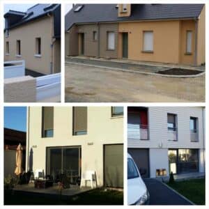 Montage de maisons avec isolation thermique extérieure (ITE) : crépi, bardage bois et finition moderne, chantier neuf.