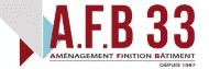 Logo AFB 33 : Aménagement Finition Bâtiment depuis 1987. Design moderne avec formes géométriques rouges, blanches et bleues.