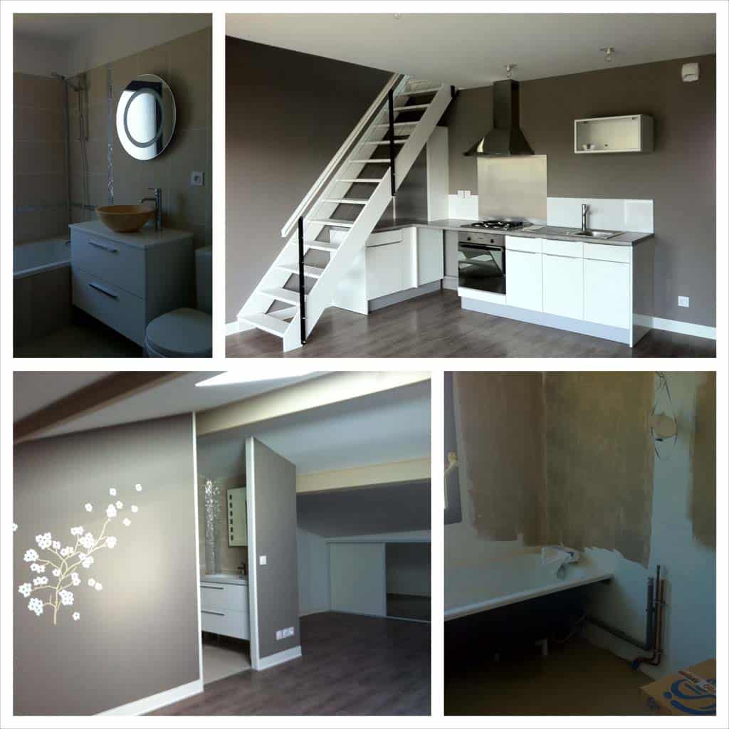 Rénovation appartement : salle de bain moderne, cuisine épurée avec escalier blanc, décoration murale cerisier, et aperçu de travaux.