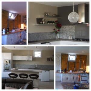 Avant/Après rénovation cuisine moderne : démolition, isolation, finition avec îlot central, meubles blancs et crédence mosaïque.