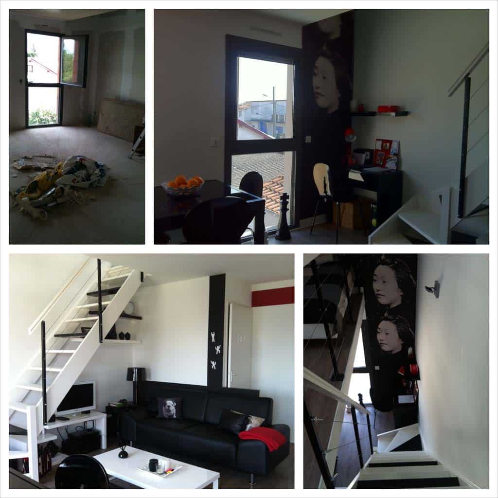 Avant/après rénovation d'un appartement : pièce vide en travaux transformée en salon moderne noir et blanc avec escalier design et fresque murale asiatique.